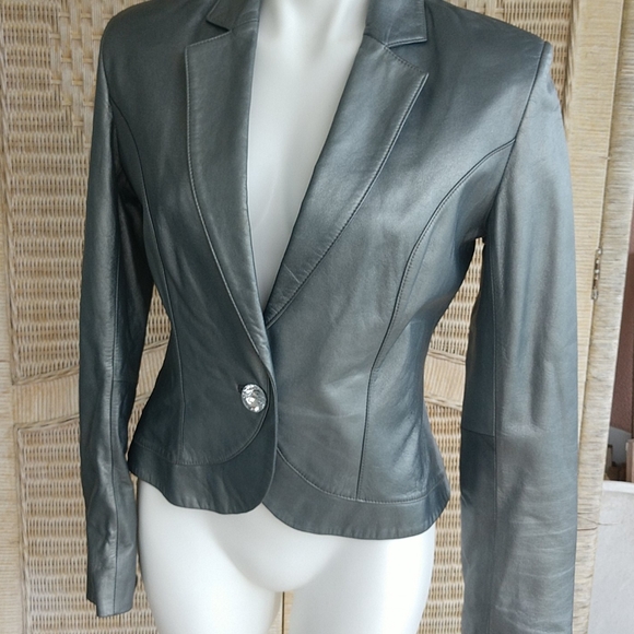 Copy VINTAGE 1980s Silver LEATHER Princess Seamed LEATHER Blazer w Bling Button